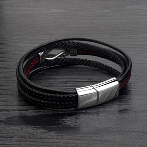 Bracelet multicouche en cuir tressé noir pour homme avec surpiqûres rouges et fermoir