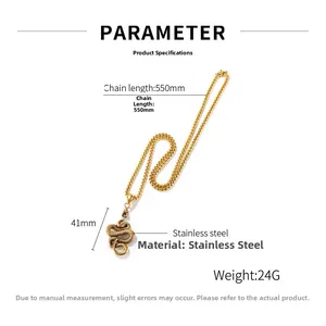 Detailed size chart for golden stainless steel snake pendant necklace with 550mm chain length