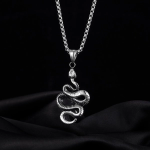 Men's hip hop snake pendant necklace in stainless steel with box chain on black silk