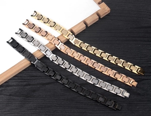 Detailed macro of tungsten steel magnetic bracelets in gold, rose gold, silver and black