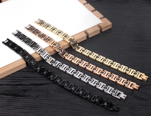 Detail view of magnetic tungsten steel bracelets in gold, silver, rose gold, and black