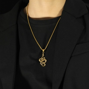Hip-hop style gold snake pendant necklace with detailed scales on a robust box chain