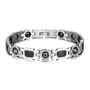 Men's Stainless Steel Magnetic Therapy Bracelet With Black Carbon Fiber Inlay And Rhinestone Industrial Style Jewelry Gift