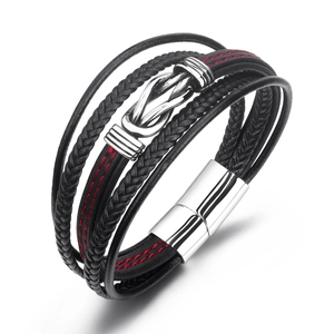 Bracelet pour Hommes en Cuir Tressé Multicouche Fermoir Magnétique en Acier Inoxydable Cordon Noir Surpiqûres Rouges Punk