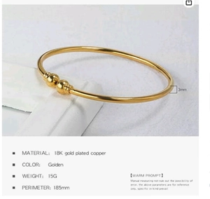 Detail view of 18K gold plated cuff bracelet showing 3mm thickness and 185mm length