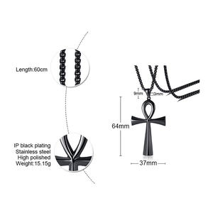 Detailed view of black Ankh cross pendant with 60cm ball chain and dimensions