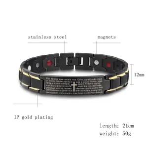 Men's magnetic health bracelet in black stainless steel with gold trim and cross carving