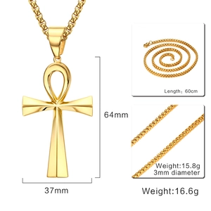 Detailed size specifications for 64mm golden stainless steel Ankh cross pendant necklace