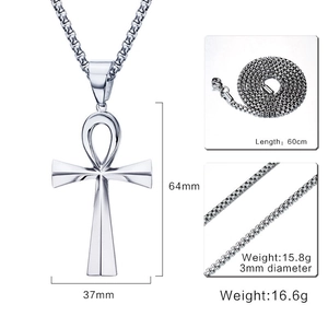 Detailed view of 64mm stainless steel Ankh cross pendant with size specifications