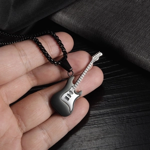 Hip hop electric guitar pendant necklace with black pearl chain for men and women