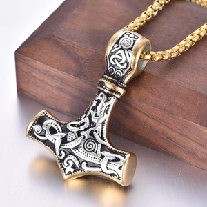 Vintage stainless steel Viking Thor's hammer pendant necklace for men with gold chain