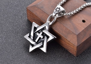 Vintage stainless steel Star of David and cross pendant on bead chain for men