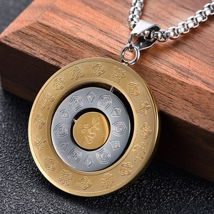 Collier Pendentif Rotatif Rond 12 Zodiaque Chinois en Acier Titane Vintage Bouddhiste Huit Trigrammes Bijoux Unisexe