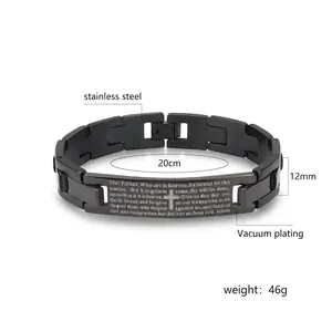 Bracelet homme en acier inoxydable noir avec croix gravée, placage sous vide et 20 cm