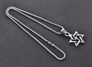 Men's silver steel hexagram and cross pendant necklace with round box chain link