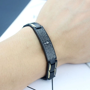 Men's religious black and gold stainless steel bracelet with cross and engraved scripture