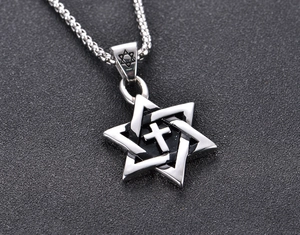 Retro hexagram star and cross pendant necklace made of silver stainless steel for men