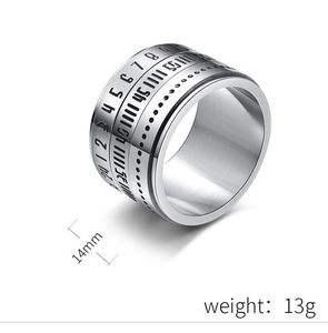 Detail of 14mm wide spinning stainless steel ring with laser engraved Roman numerals