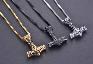 Viking Thor Hammer pendant necklace in gold, silver, and black finishes on box chains