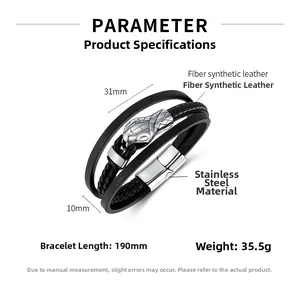 Detailed size specifications for triple-layer leather snake head bracelet with magnetic clasp