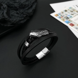 Multi-layer braided leather bracelet with silver titanium steel snake head and magnetic clasp