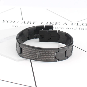Men's black stainless steel bracelet with cross and Lord's Prayer engraving