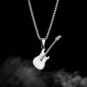 Polished stainless steel electric guitar pendant necklace with box chain on dark smoke background