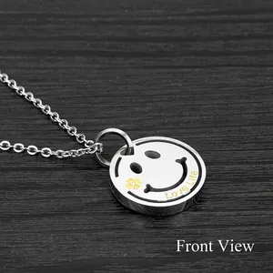 Smiley face pendant necklace in titanium steel with Love Life engraving and gold clover
