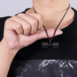 Men's black stainless steel dumbbell pendant necklace with matching square pearl chain