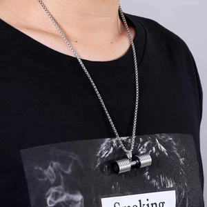 Polished silver dumbbell pendant necklace for men featuring a sturdy metal chain link