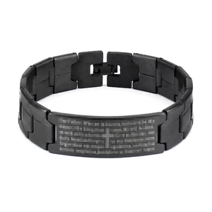 Black Stainless Steel Cross Bracelet For Men Engraved Lords Prayer Link Chain Wristband Punk Religious Jewelry Gift