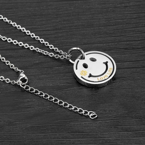 Silver smile face pendant necklace with gold clover and Love Life engraving on black wood