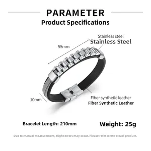 Detail view of steel and black leather watchband bracelet with 210mm length specs