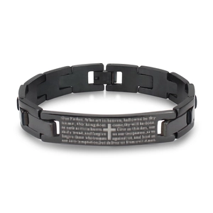 Bracelet Croix en Acier Inoxydable Noir pour Hommes Gravé du Notre Père Plaque Chaîne Bijoux Religieux Cadeau Fête des Pères