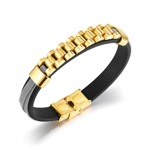 Men's Titanium Steel Leather Bracelet Watchband Style Spliced Minimalist Creative Hand Jewelry Gift For Men Gold Silver