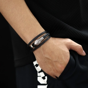 Men's retro multi-layer black braided leather bracelet with silver snake head charm