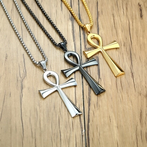 Polished stainless steel Ankh cross pendants in silver, gold and black on chains