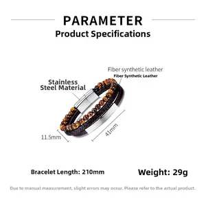 Detailed dimensions of multi-layer leather bracelet with tiger eye beads and steel clasp