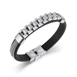 Men's titanium steel watch strap leather bracelet with mesh metal links and folding clasp