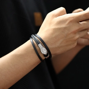Men's multilayer black leather bracelet featuring a vintage silver snake head charm