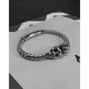 Rugged hip-hop style silver lion head stainless steel braided bracelet for men