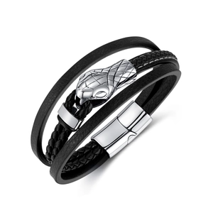 Men's Vintage Multilayer Leather Bracelet Titanium Steel Snake Head Magnetic Clasp Handwoven Biker Hand Jewelry Bracelet