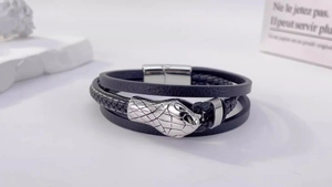 Handcrafted multi-layer black leather bracelet with silver snake head metal buckle