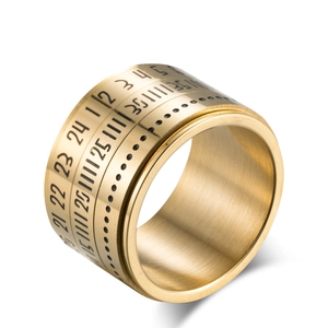 Brushed gold stainless steel spinning calendar ring with Arabic and Roman numerals
