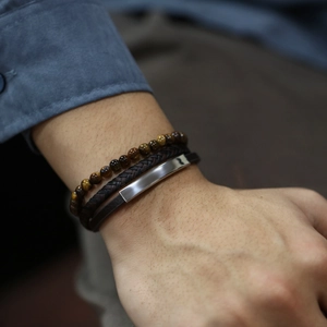 Men's tiger eye stone beads with multilayer braided leather bracelet 3-piece set