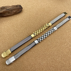 Men's titanium steel mesh watch band bracelet with folding clasp in silver and gold-tone