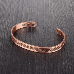Vintage magnetic copper therapy bracelet with Greek key pattern and adjustable open cuff