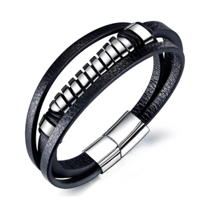 Bracelet Homme en Cuir et Acier Titane Hip Hop Street Multi-couches Style Punk Fermoir Magnétique en Acier Inoxydable Bijoux de Mode