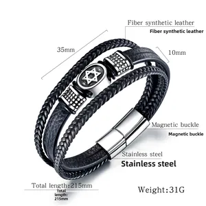 Detail of multi-layer woven leather bracelet with stainless steel hexagram and magnetic clasp