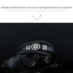 Macro shot of multi-layer braided leather bracelet featuring a hexagram steel emblem